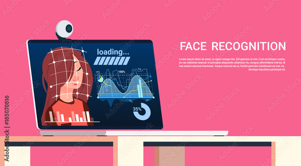 Poster face recognition concept technology of biometric scanning on laptop female user authentication techn