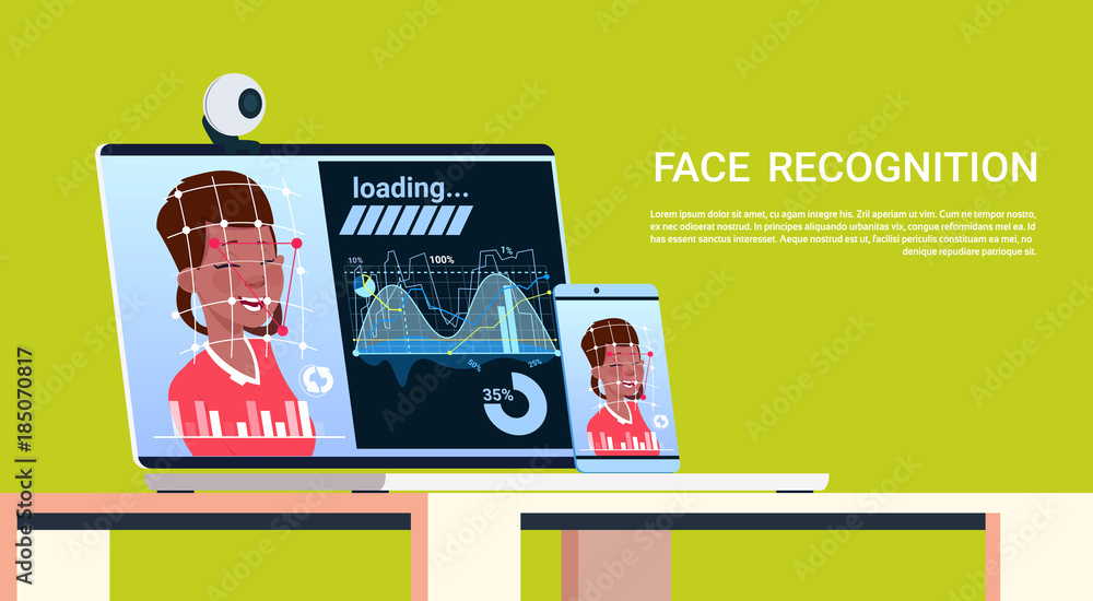 Poster face recognition system concept modern gadgets scanning user biometric access control flat vector il