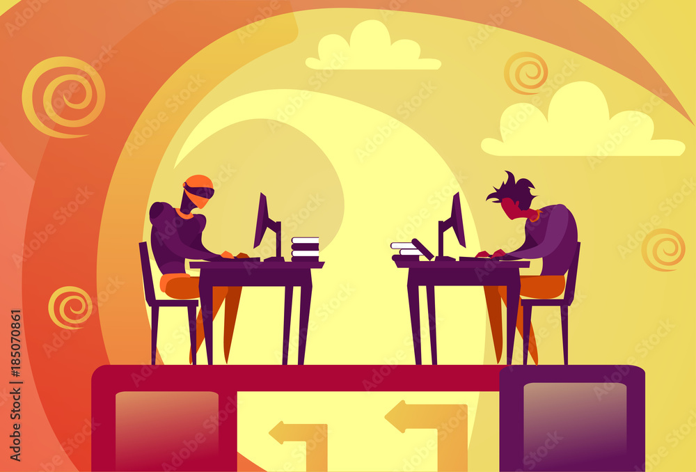 Poster human vs artificial intelligence business man and robot working on computers vector illustration