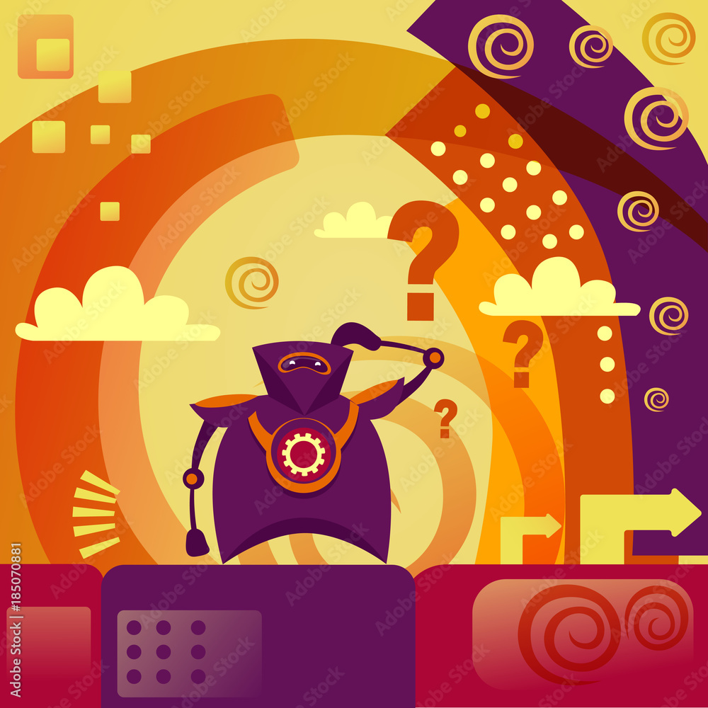 Poster robot with question mark abstract background problem task artificial intelligence concept vector ill
