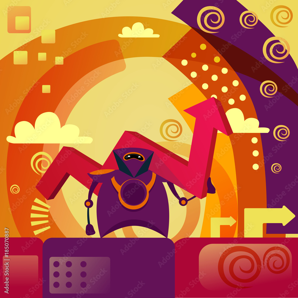 Poster robot hold arrow up artificial intelligence development and growth concept vector illustration