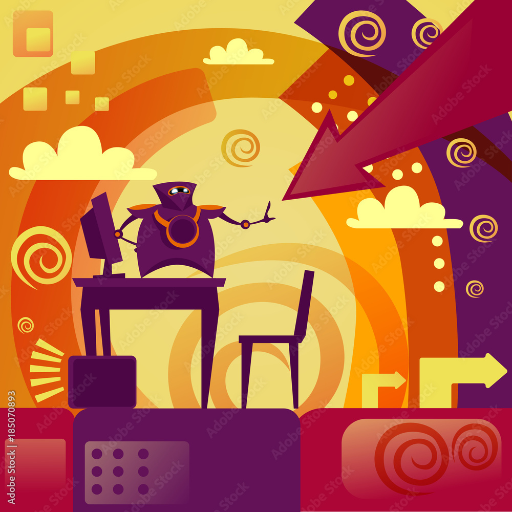 Poster robot hold arrow up artificial intelligence development and growth concept vector illustration