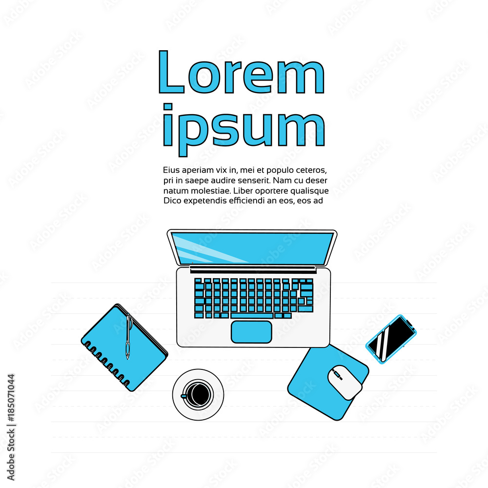 Poster workplace top angle view template workspace background thin line laptop computer, coffee cup, notebo