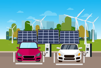 Electric Cars Charging At Station From Wind Trurbines And Solar Panel Batteries Eco Friendly Vechicle Concept Flat Vectro Illustration