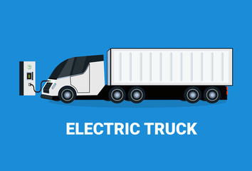 Electric Truck At Charging Station Icon Hybrid Trailer Vechicle Flat Vectro Illustration