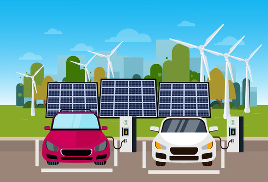 Electric Cars Charging At Station From Wind Trurbines And Solar Panel Batteries Eco Friendly Vechicle Concept Flat Vectro Illustration