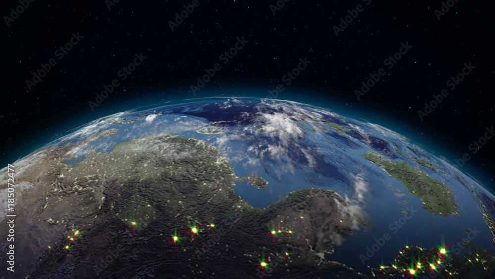 Poster realistic earth rotating in space (loop). on the planet earth is visible the change of day and night