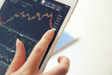 Woman hand business Trading online on tablet and coffee