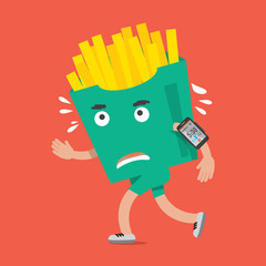 Fast Food Or French Fries On The Run With Smartphone Health Concept Vector Illustration