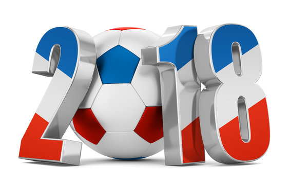 Soccer ball and flag of the France number of 2018 on a white background. 3d rendering.