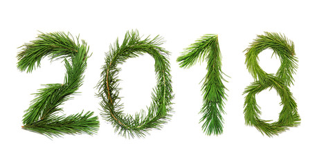 2018 New Year. Two thousand eighteen New Year. Numbers are made of a pine tree branches. Isolated...
