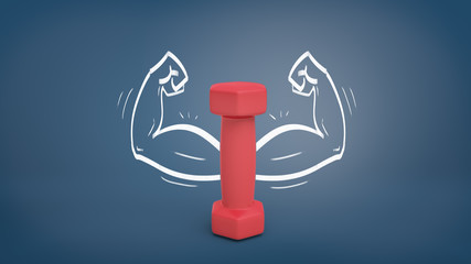 3d rendering of a small red dumbbell stands vertically on a blackboard background with drawn strong arms around it.