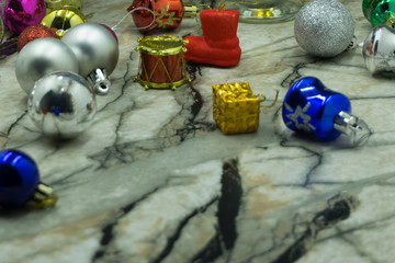 Christmas tree toys different colors balls copy space on a dark background, Christmas New Year holidays preparation concept. Horizontal