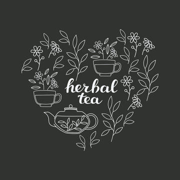 Fototapeta Set of Hand Lettering and Tea Accessories: Cup, Teapot and Leaves in Doodle Style.