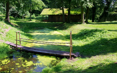 Fototapeta Leśny domek w bajkowym zielonym lesie z kładką przez zielony strumyk obraz