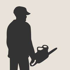 Lumberjack worker standing with chainsaw. Vector silhouette