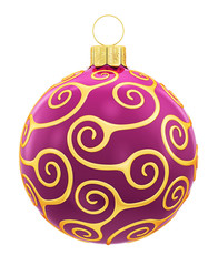 New Year. Violet ball with a gold pattern on a white background. 3d rendering.