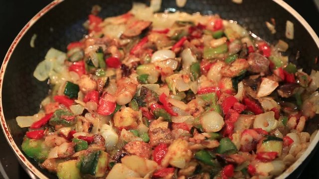 Food with different kind of vegetable cooking in a pan