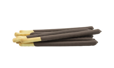 pile of biscuit sticks coated with chocolate isolated on white background
