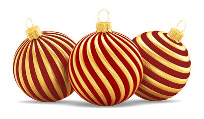 Christmas toys three striped red balls on a white background. 3D rendering illustration.