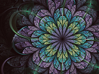 Fototapeta premium Dark green and pink fractal flower, digital artwork for creative