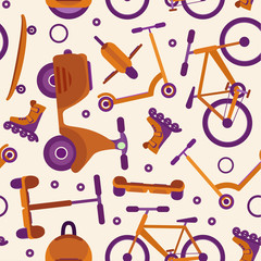 Light colors seamless pattern with purple and orange fashion teenager city transport on pale background. Bright youth urban eco transport bike, skate texture for textile, wrapping paper, package © Tatahnka
