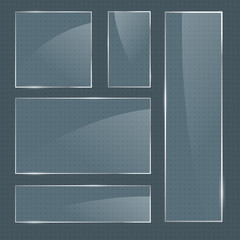 Set of vector realistic glossy rectangular shape glass frames on transparent background. Square glass elements for banner design, advertising, web, app