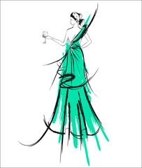 VECTOR BACKGROUND WITH A BEAUTIFUL FASHION BRIDE MODEL IN A WEDDING DRESS