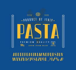 Sans serif font in retro style and pasta label