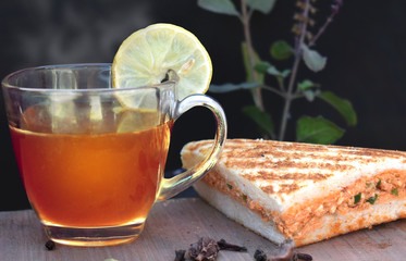 Green Tea with lemon and Basil and Grilled Sandwich