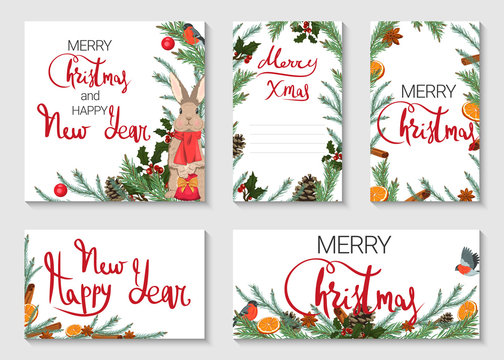 A set of Christmas and New Year greeting cards. Postcards with spruce branches, birds and citruses