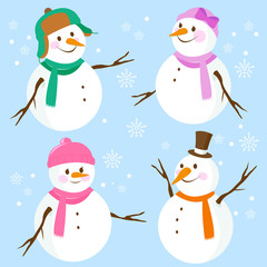 Set of cute snowmen with hats and scarves. Vector illustration