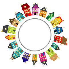 Round frame with cartoon houses