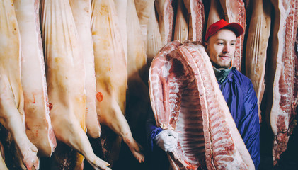 Fototapeta na wymiar Chopped pig at a factory