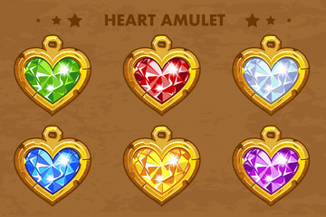Illustration cartoon golden heart love amulets with precious stones. Vector assets for game design.