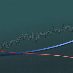 Market chart up trend with long shadows on dark background. 3D illustration