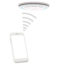Detector alarm wifi connect with smartphone on white background. 3D rendering