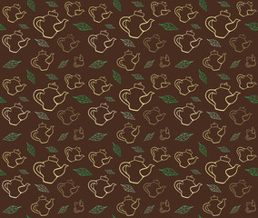 Black tea. Tea leaves and teapot. Seamless pattern. Vector illustration.