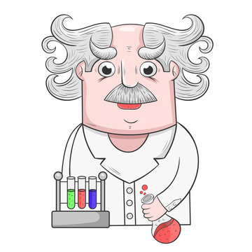 cartoon Professor performs scientific experiments with reagents, vector illustration