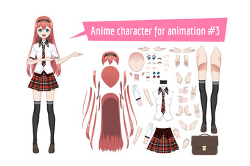 Anime manga schoolgirl in a red tartan skirt, stockings and schoolbag. Cartoon character in the Japanese style