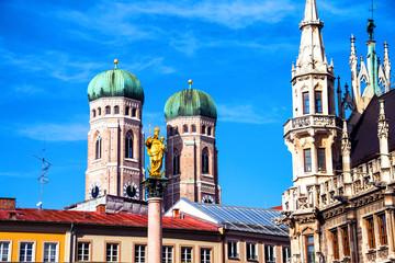 Marienplatz with Town Hall of Munich, Germany and Mary's Column with the Church of Our Lady