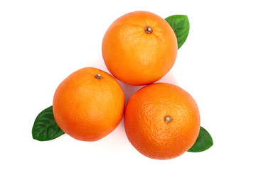 Orange with leaf isolated on the white background. Flat lay pattern. Top view