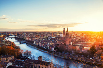 Naklejka premium Aerial view of famous touristic city Verona in Italy at sunset