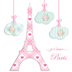 Fototapeta na wymiar Valentines day background as patchwork fabric Eiffel tower of Paris with hearts on strings