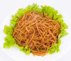 noodles and meat in sour sweet sauce