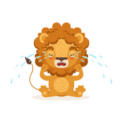 Sad little baby lion cartoon character sitting on the floor and crying. Safari animal with lush mane weeps. Vector in flat style isolated on white.