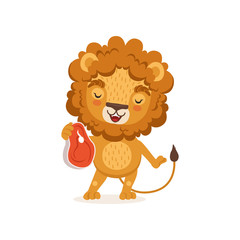 Illustration of happy lion cartoon character standing and holding piece of meat in paw. African animal with lush mane. Vector