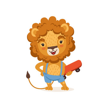 Vecteur Stock Cut kid lion cartoon character wearing shorts on suspenders  and holding skateboard. Playful baby animal with lush mane. Vector  illustration | Adobe Stock