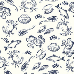 Seafood seamless pettern. Hand drawn vector illustrations. Ocean fish in engraved style. Sketch of crab, lobster, shrimp, oyster, mussel, caviar.
