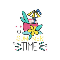 Cocktail with straw and umbrella. Summer time. Label in outline style. Colorful hand drawn logo. Element for invitation card, holiday poster or banner